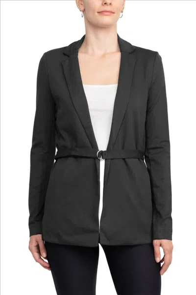 T Tahari Notched Collar Open Front Ring Style Waist Belt Jacket In Black In Blue