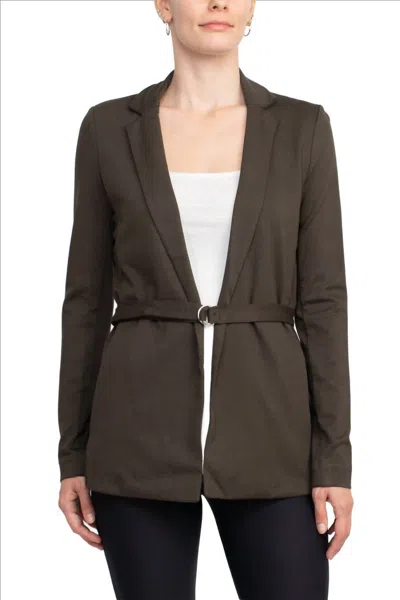 T Tahari Notched Collar Open Front Ring Style Waist Belt Jacket In Deep Olive In Brown