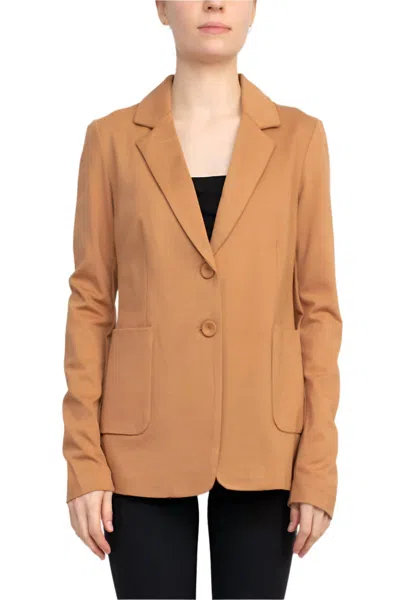 T Tahari Notched Collar Two Button With Patch Pockets Knit Blazer In Caramel In Brown