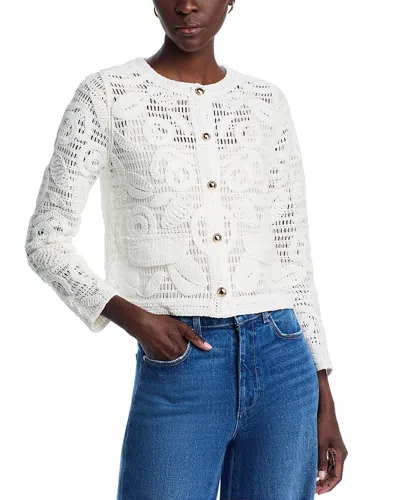 T Tahari Novelty Crochet Button Front Crewneck Cardigan In White