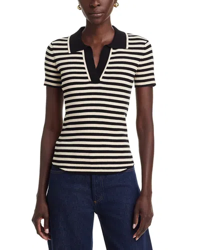 T Tahari Open Polo Collar Stripe Sweater In Multi