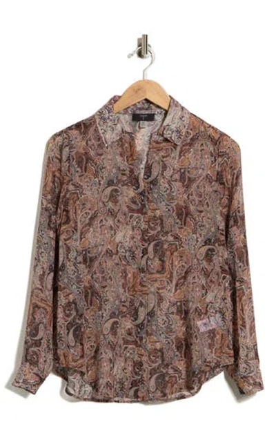 T Tahari Paisley Printed Button Down Shirt In Brown