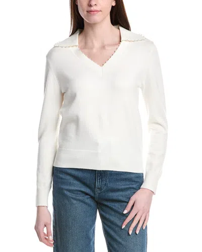 T Tahari Pearl Beaded V-neck Polo Top In White