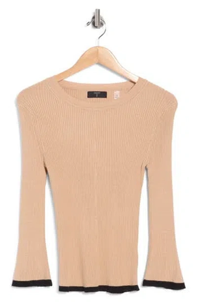 T Tahari Piping Trim Ribbed Crewneck Sweater In Neutral