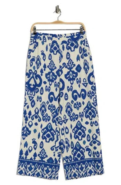 T Tahari Placed Print Linen Blend Pull-on Pants In Blue