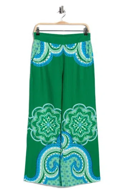 T Tahari Placed Print Linen Blend Pull-on Pants In Green