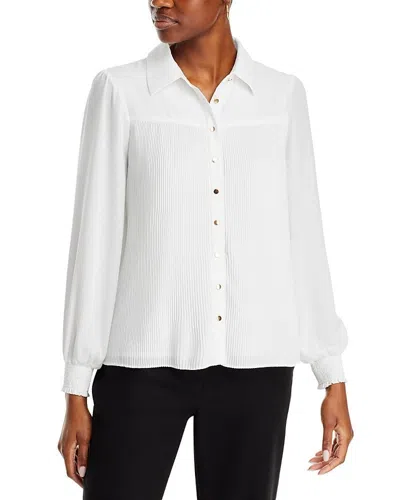 T Tahari Pleated Blouse Top Women's Star White Long Sleeve Collared Fts77