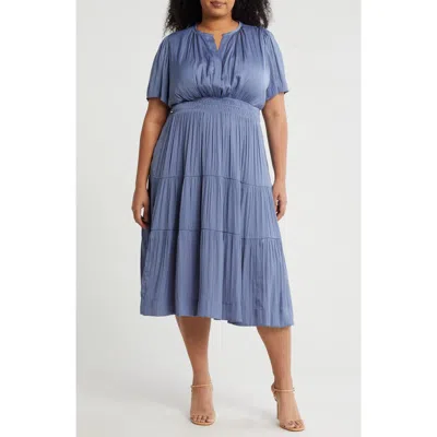 T Tahari Pleated Short Sleeve Tiered Maxi Dress In Slate