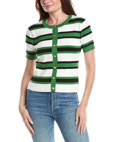 T Tahari Pointelle Rib Striped Button Front Top In Green