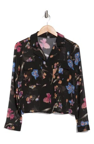 T Tahari Print Long Sleeve Crop Blouse In Black