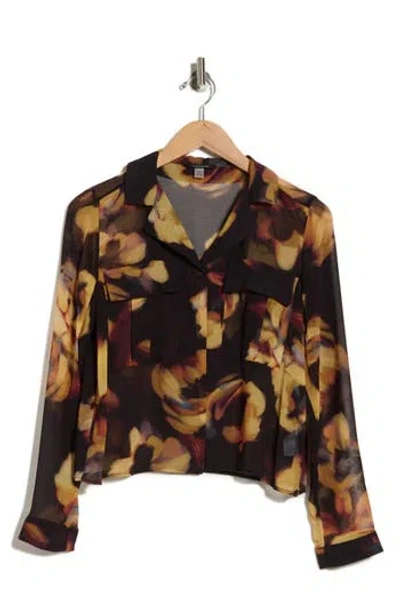 T Tahari Print Long Sleeve Crop Blouse In Black