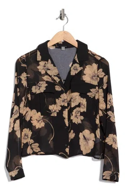 T Tahari Print Long Sleeve Crop Blouse In Black