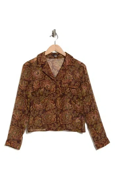 T Tahari Print Long Sleeve Crop Blouse In Brown