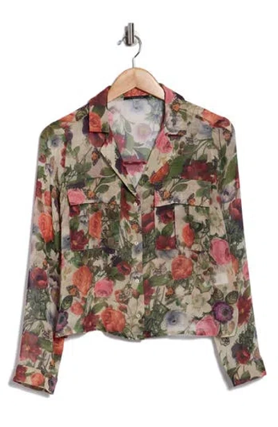 T Tahari Print Long Sleeve Crop Blouse In Pink