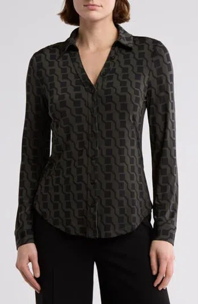 T Tahari Print Long Sleeve Knit Button-up Shirt