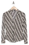 T Tahari Print Long Sleeve Knit Button-up Shirt In Cement/black Chain