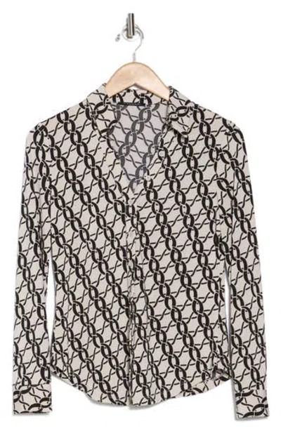 T Tahari Print Long Sleeve Knit Button-up Shirt In Cement/black Chain