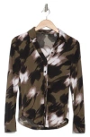 T Tahari Print Long Sleeve Knit Button-up Shirt In Olive Blurred Floral