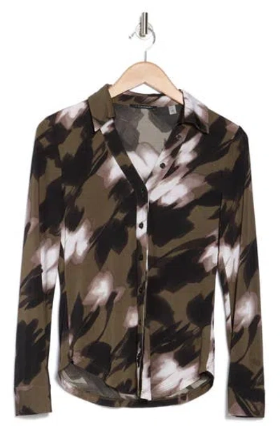T Tahari Print Long Sleeve Knit Button-up Shirt In Olive Blurred Floral