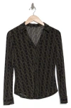 T Tahari Print Long Sleeve Knit Button-up Shirt In Olive/black Geo Squares