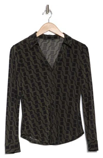 T Tahari Print Long Sleeve Knit Button-up Shirt In Olive/black Geo Squares