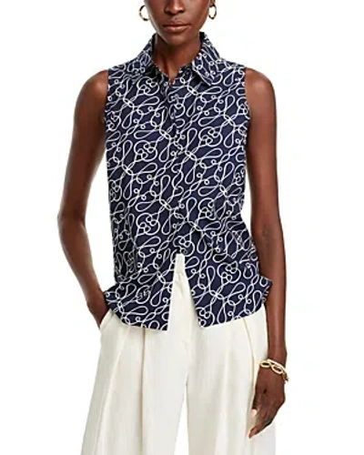 T Tahari Printed Button Down Blouse In Blue