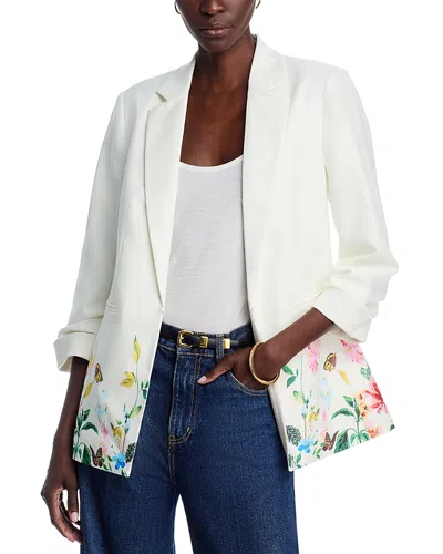 T Tahari Printed Notch Collar Seamed Scrunch Sleeve Blazer In White