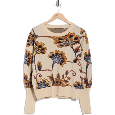 T Tahari Puff Sleeve Floral Jacquard Sweater In Brown