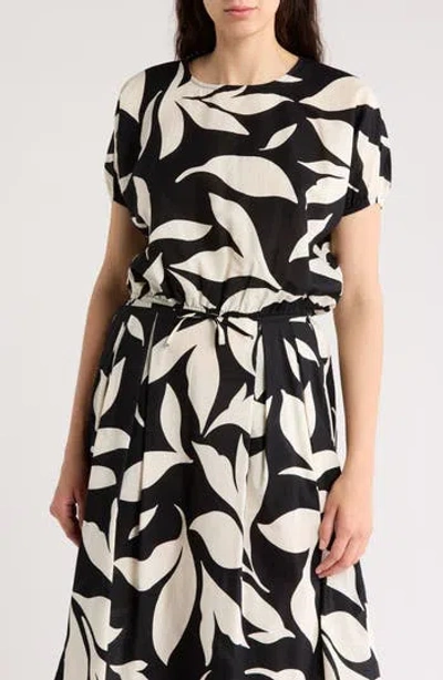T Tahari Puff Sleeve Tie Hem Crop Top In Black/cloud Big Flor