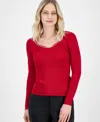 T Tahari Rhinestone Sweetheart-neck Rib-knit Sweater In Baked Cherry