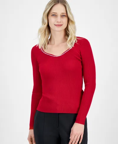 T Tahari Rhinestone Sweetheart-neck Rib-knit Sweater In Baked Cherry