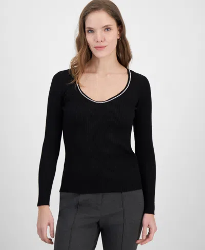 T Tahari Rhinestone Sweetheart-neck Rib-knit Sweater In Black