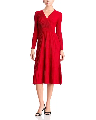 T Tahari Ribbed Faux Wrap Dress In Red
