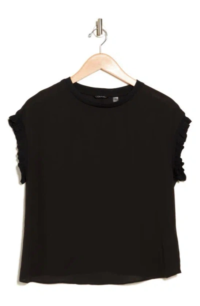 T Tahari Ribbed Ruffle Cap Sleeve Top In Black