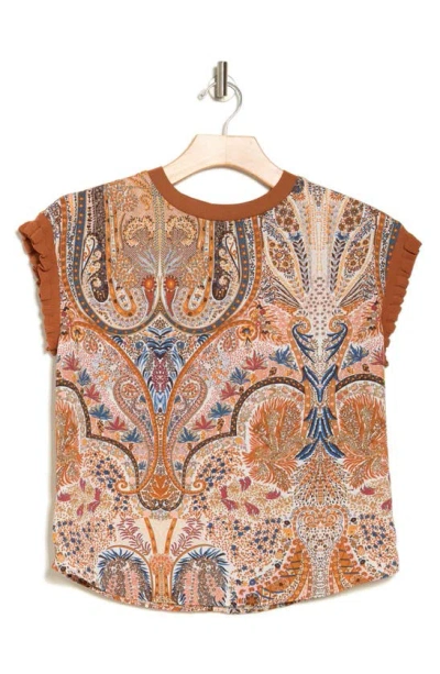 T Tahari Ribbed Ruffle Cap Sleeve Top In Cashew/ Taupe Paisley