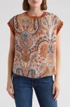 T Tahari Ribbed Ruffle Cap Sleeve Top In Cashew/taupe Paisley