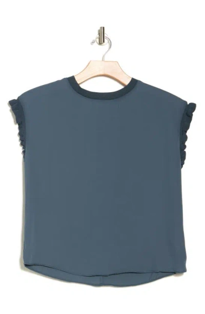 T Tahari Ribbed Ruffle Cap Sleeve Top In Deep Slate Blue