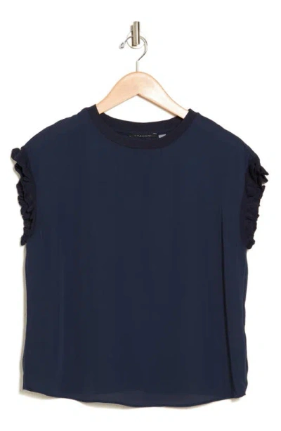 T Tahari Ribbed Ruffle Cap Sleeve Top In Indigo