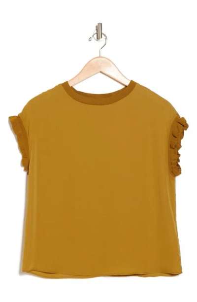 T Tahari Ribbed Ruffle Cap Sleeve Top In Mustard