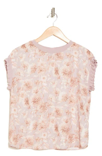 T Tahari Ribbed Ruffle Cap Sleeve Top In Pink Print