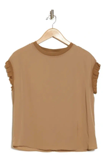 T Tahari Ribbed Ruffle Cap Sleeve Top In Brown