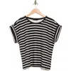 T Tahari Roll Sleeve Scuba Top In Black/white Stripe