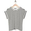 T Tahari Roll Sleeve Scuba Top In White/black Stripe