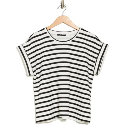 T Tahari Roll Sleeve Scuba Top In White/black Stripe