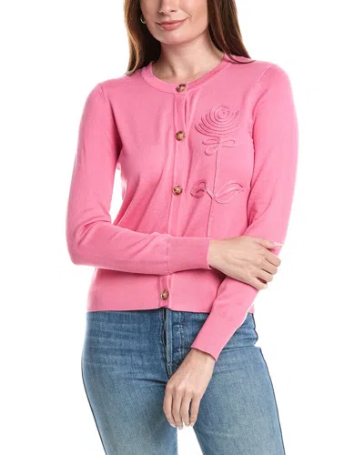 T Tahari Rose Applique Snap Front Cardigan In Pink