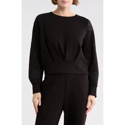 T Tahari Rose Embroidered Scuba Knit Crewneck Top In Black
