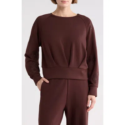 T Tahari Rose Embroidered Scuba Knit Crewneck Top In Brown