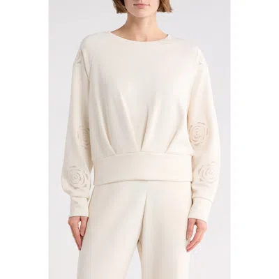 T Tahari Rose Embroidered Scuba Knit Crewneck Top In Nude