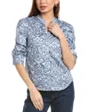 T Tahari Ruched Sleeve Button-up Split Neck Top In Blue