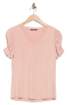 T Tahari Ruched Sleeve V-neck T-shirt